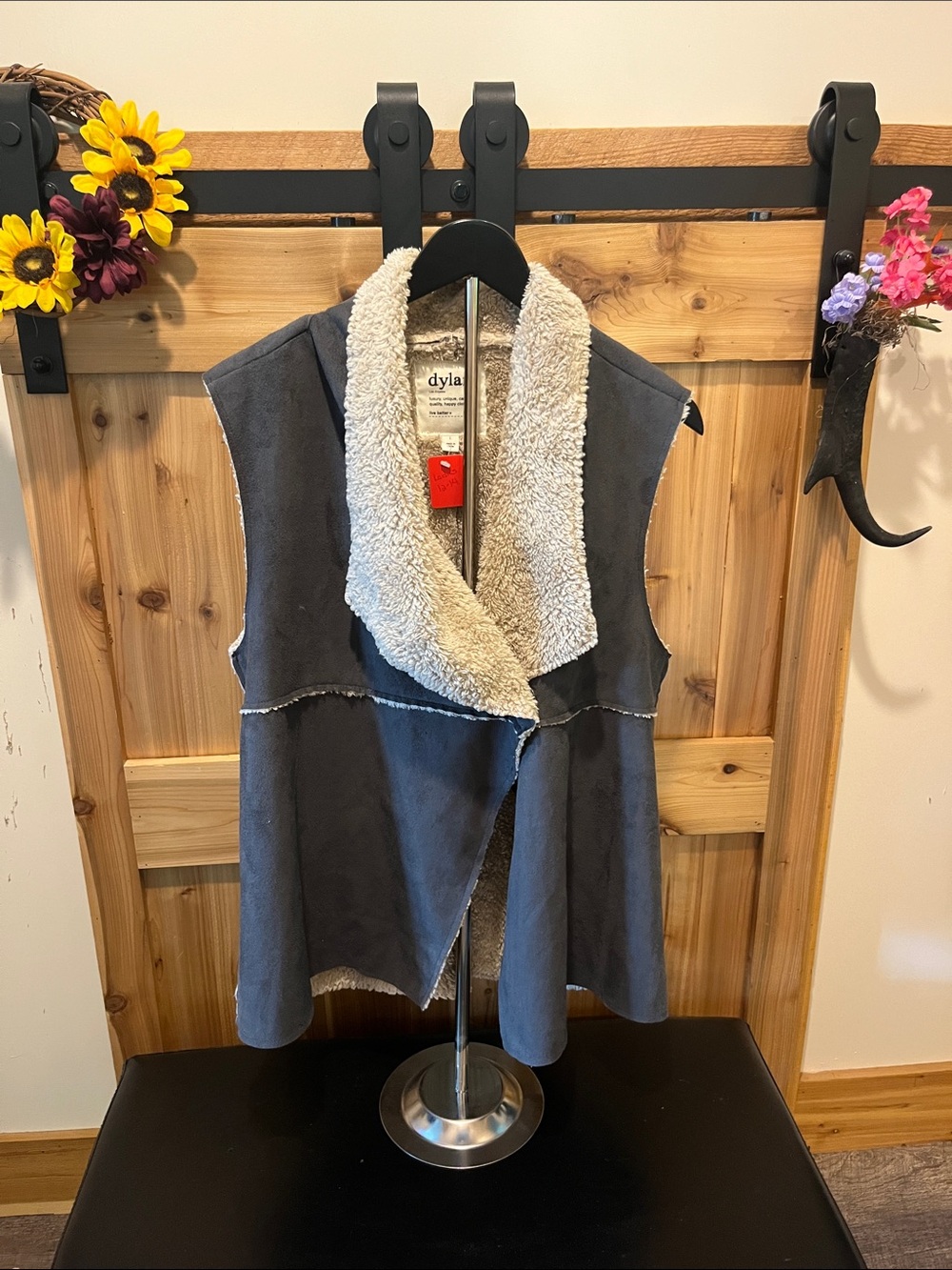 dylan Slate Gray Faux-Shearling Trim Sleeveless Vest